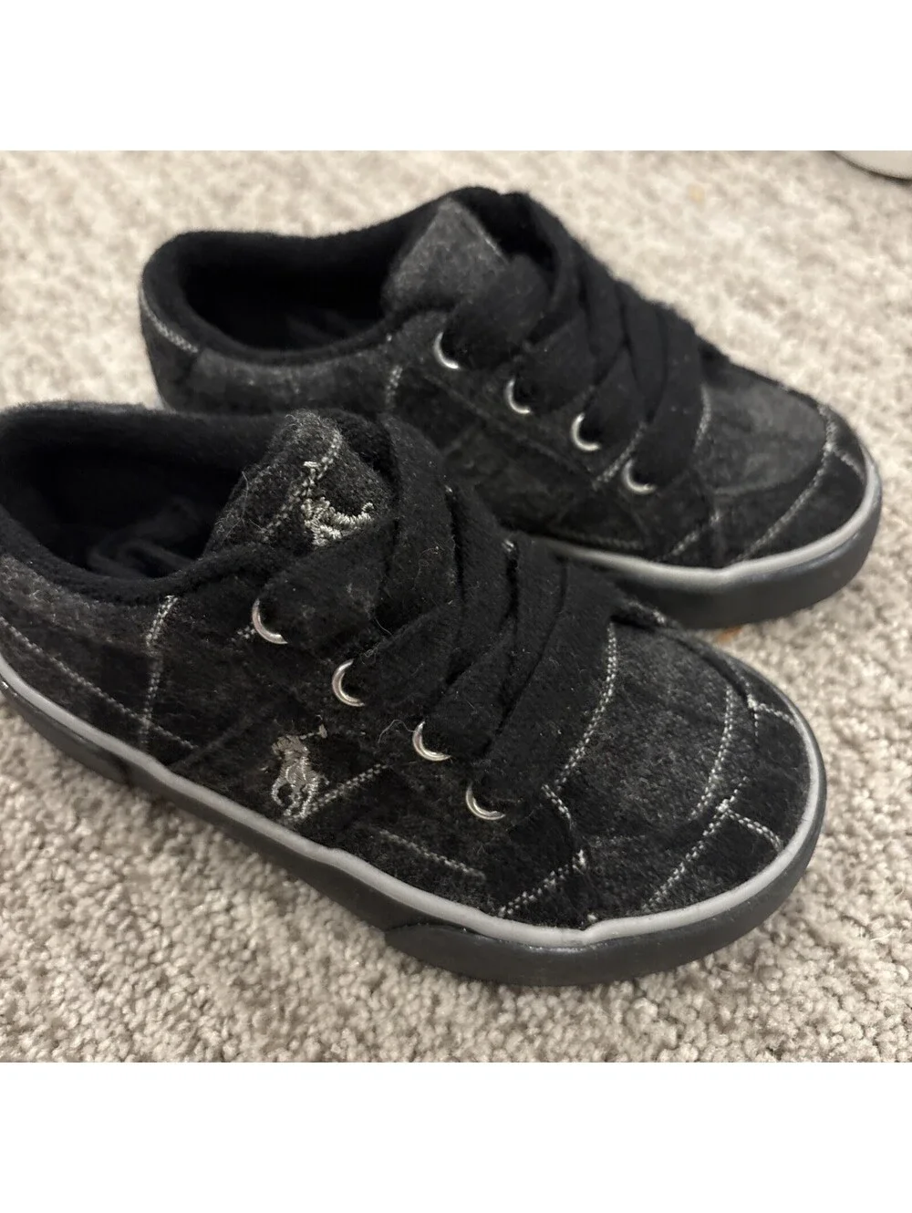 Polo Ralph Lauren Toddler Boys Black Gray Plaid Flannel Sneakers Size 7